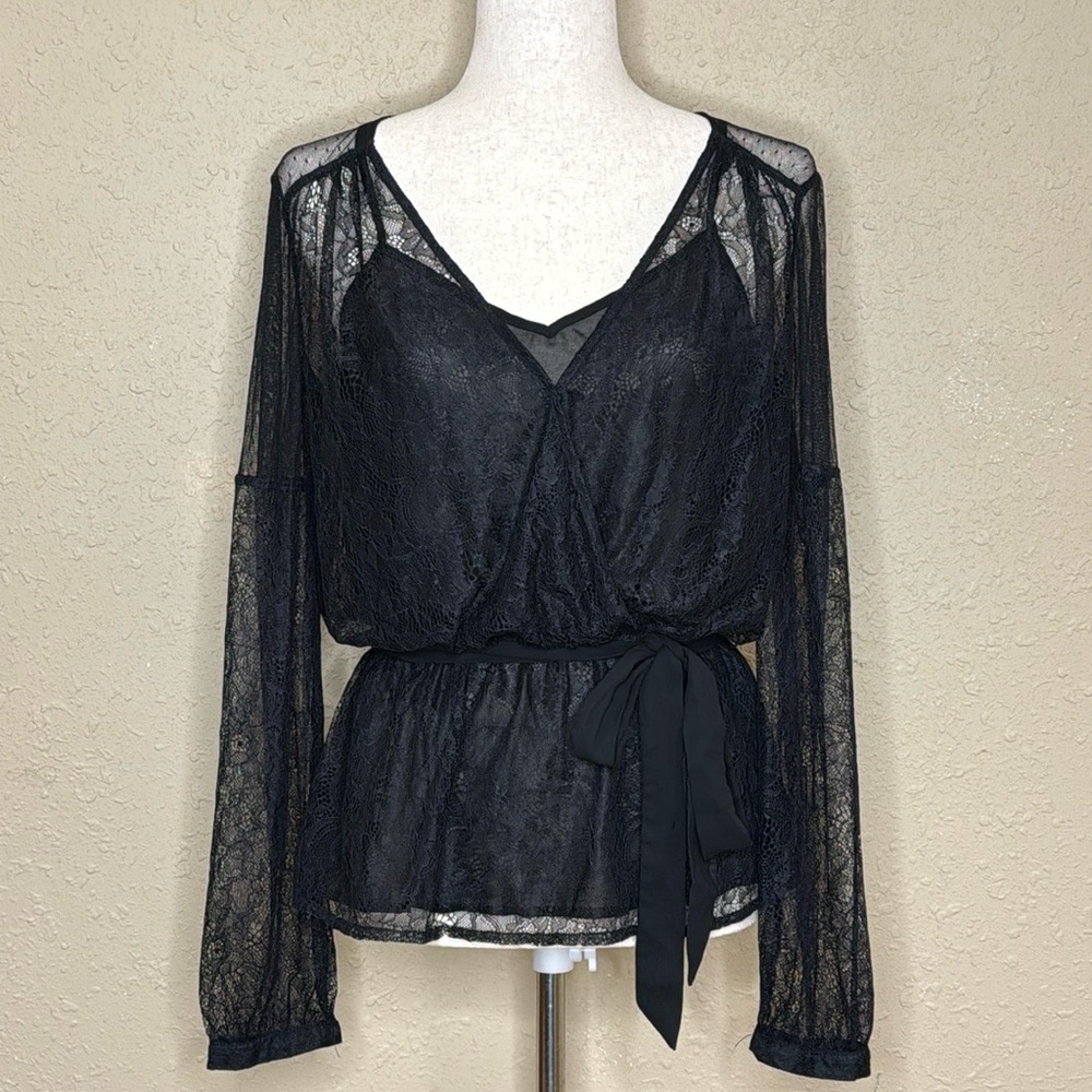 Express Lace V Neck Faux Wrap Blouse